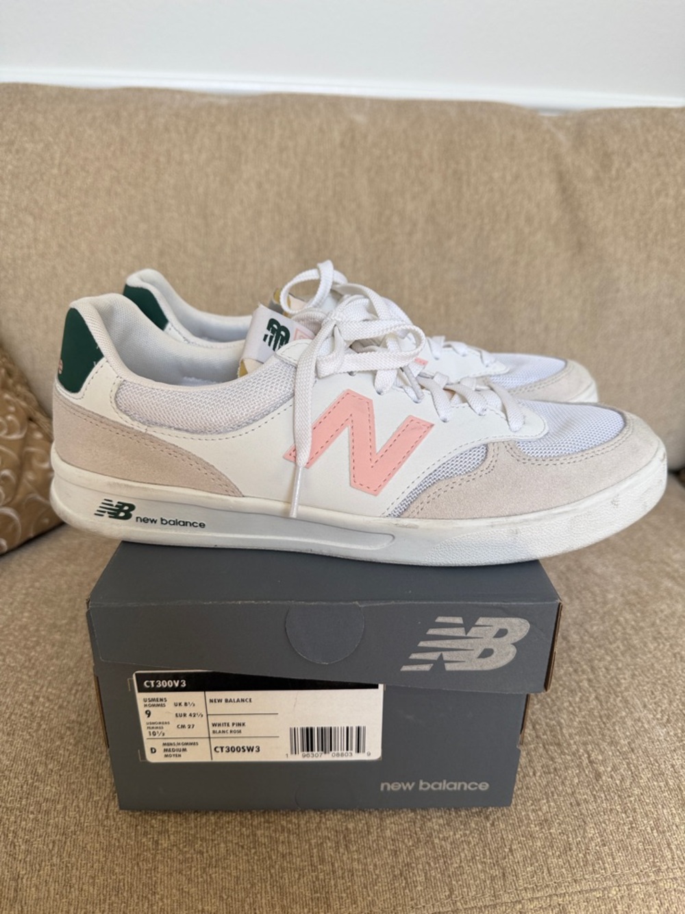 EUC New Balance CT300V3 White Sneakers with Pink N and Green Heel, Size 10.5